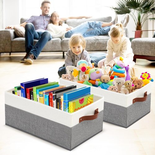 Large Capacity Storage Bins by [Brand Name] - Fabric Closet Organizer with Leather Handles | 3 Pack Grey