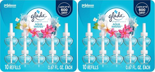 Glade PlugIns Refills Air Freshener - Aqua Waves Scented Essential Oils, 6.7 Fl Oz, 10 Count (Pack of 2)