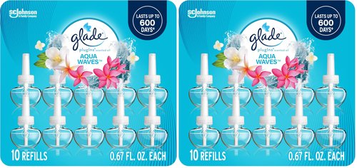 Glade PlugIns Refills Air Freshener, Scented and Essential Oils for Home and Bathroom, Aqua Waves, 6.7 Fl Oz, 10 Count (Pack of 2)