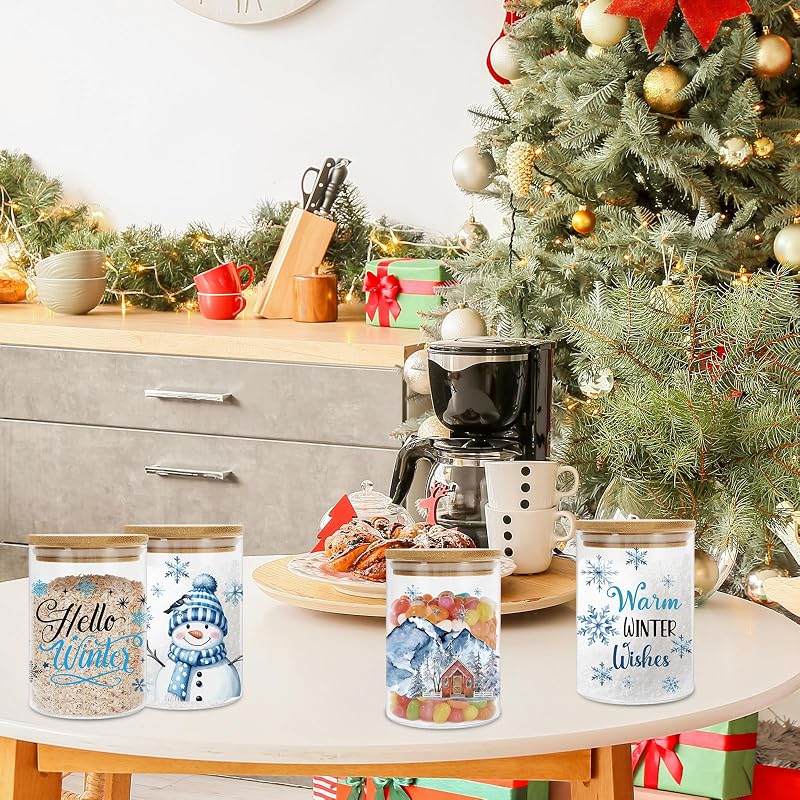 Winter Christmas Glass Storage Jars Set, 6 Pcs with Airtight Lids – Snowman & Tree Designs