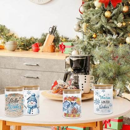 Winter Christmas Glass Storage Jars Set, 6 Pcs with Airtight Lids – Snowman & Tree Designs