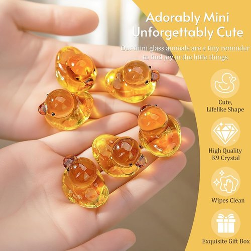 H&D Hyaline & Dora Mini Yellow Glass Duck Figurines - 6 Pcs Crystal Animal Sculptures for Home Decor | 1.3 x 1 Inch
