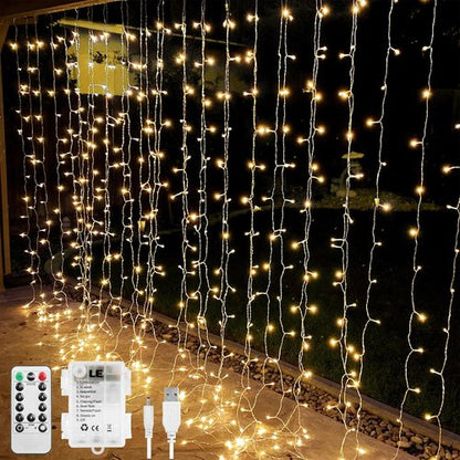 LE Fairy Curtain Lights - 300 LED Battery Operated & USB Plug-In String Lights | 10 x 10 ft for Bedroom, Wedding, Patio