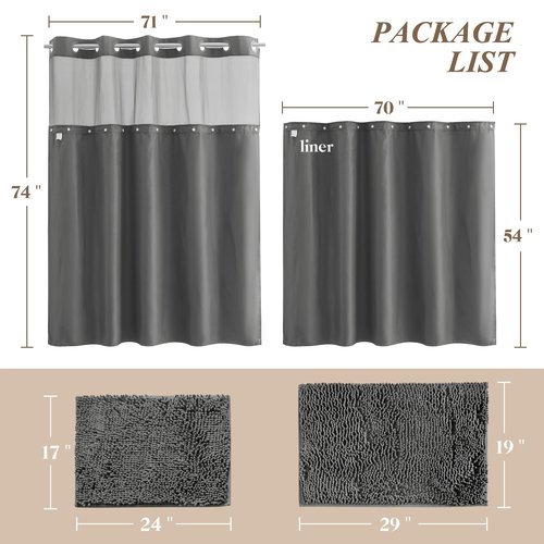 Barossa Design No Hook Shower Curtain Set with Rugs - 2 Pcs Bathroom Rugs and Shower Curtain Sets with Snap-in Liner, Hotel Style Bathroom Accessories, Grey