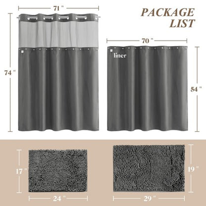 Barossa Design No Hook Shower Curtain Set with Rugs - 2 Pcs Bathroom Rugs and Shower Curtain Sets with Snap-in Liner, Hotel Style Bathroom Accessories, Grey