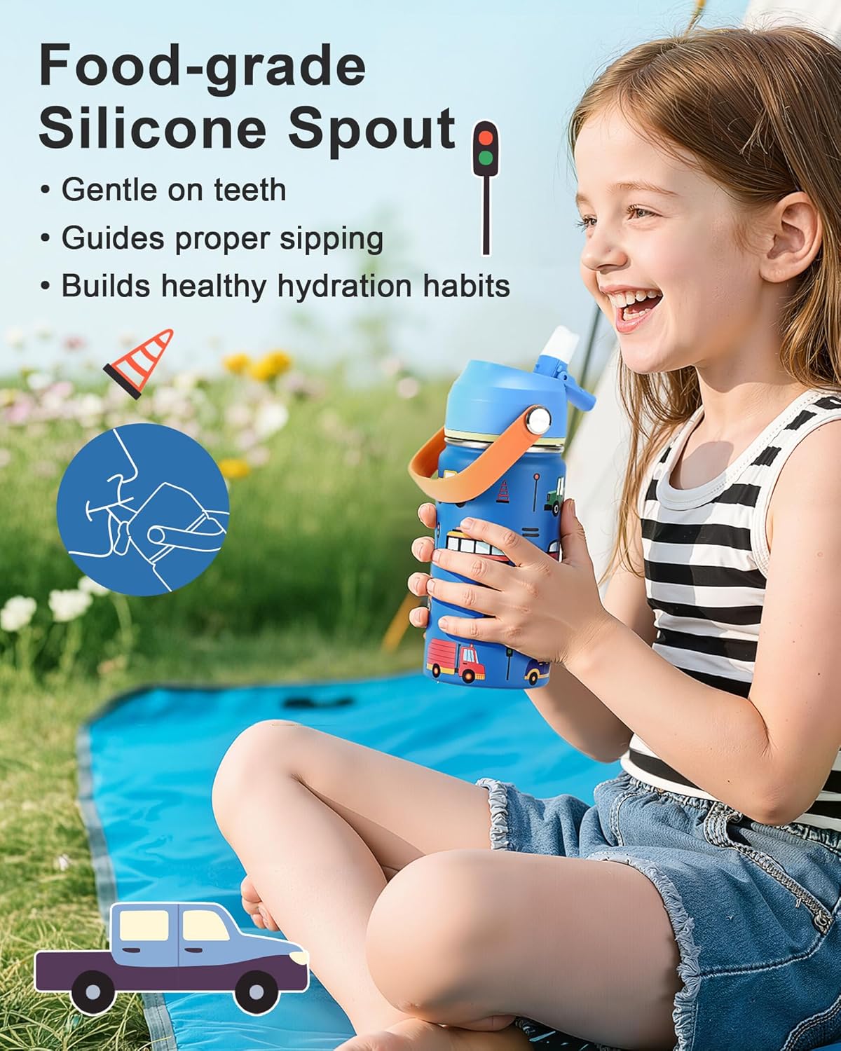 Skiennix Kids Water Bottle 14oz - Insulated Stainless Steel with Silicone Straw Lid | Leak-Proof Cars & Trucks Design, Custom Name Tag for School & Travel