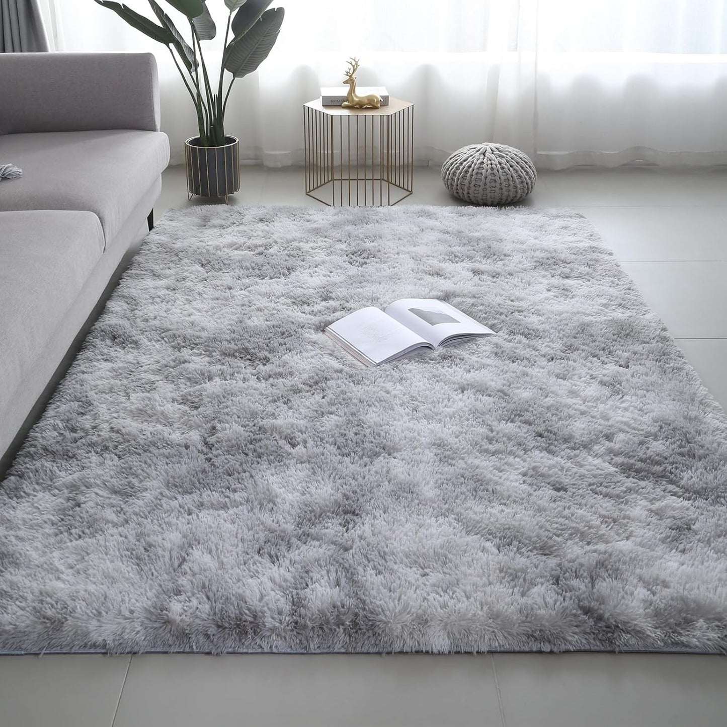 Skiennix Shag Area Rug - Ultra Soft Fluffy Carpet for Bedroom & Living Room | 4x6 Tie-Dye Grey