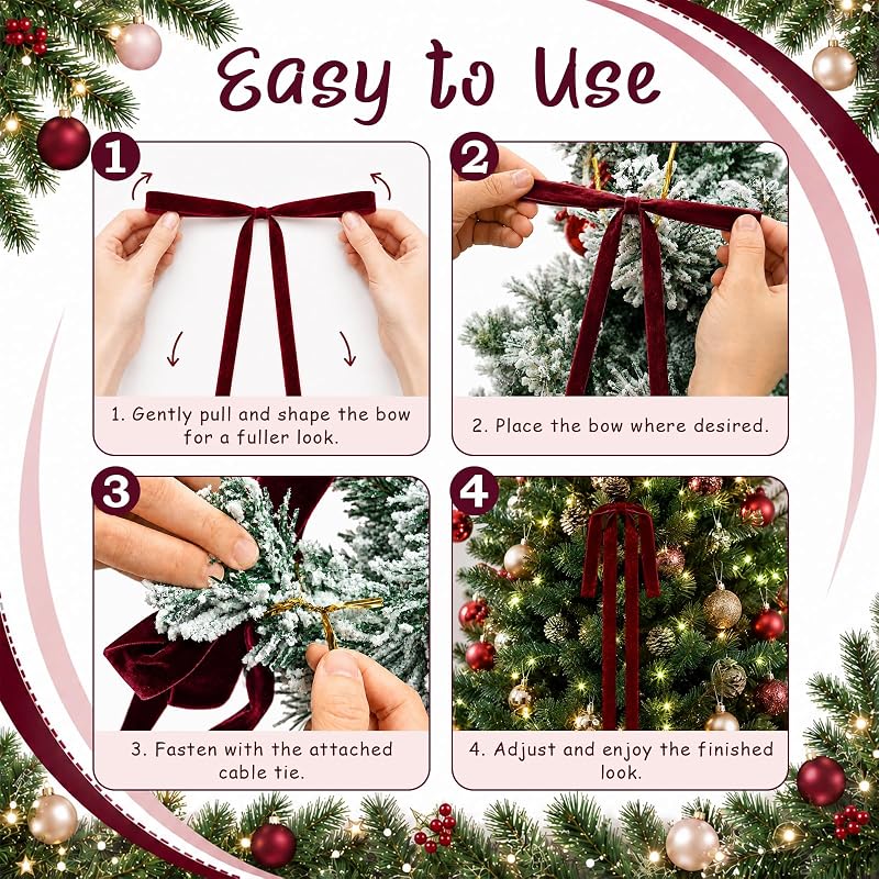 6Pcs Long Burgundy Velvet Christmas Bows Ornaments - 15 x 24 in, Pre-Stringed