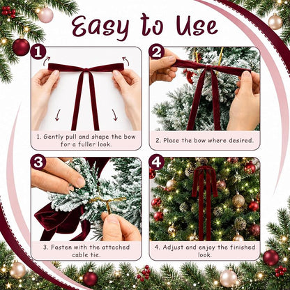 6Pcs Long Burgundy Velvet Christmas Bows Ornaments - 15 x 24 in, Pre-Stringed