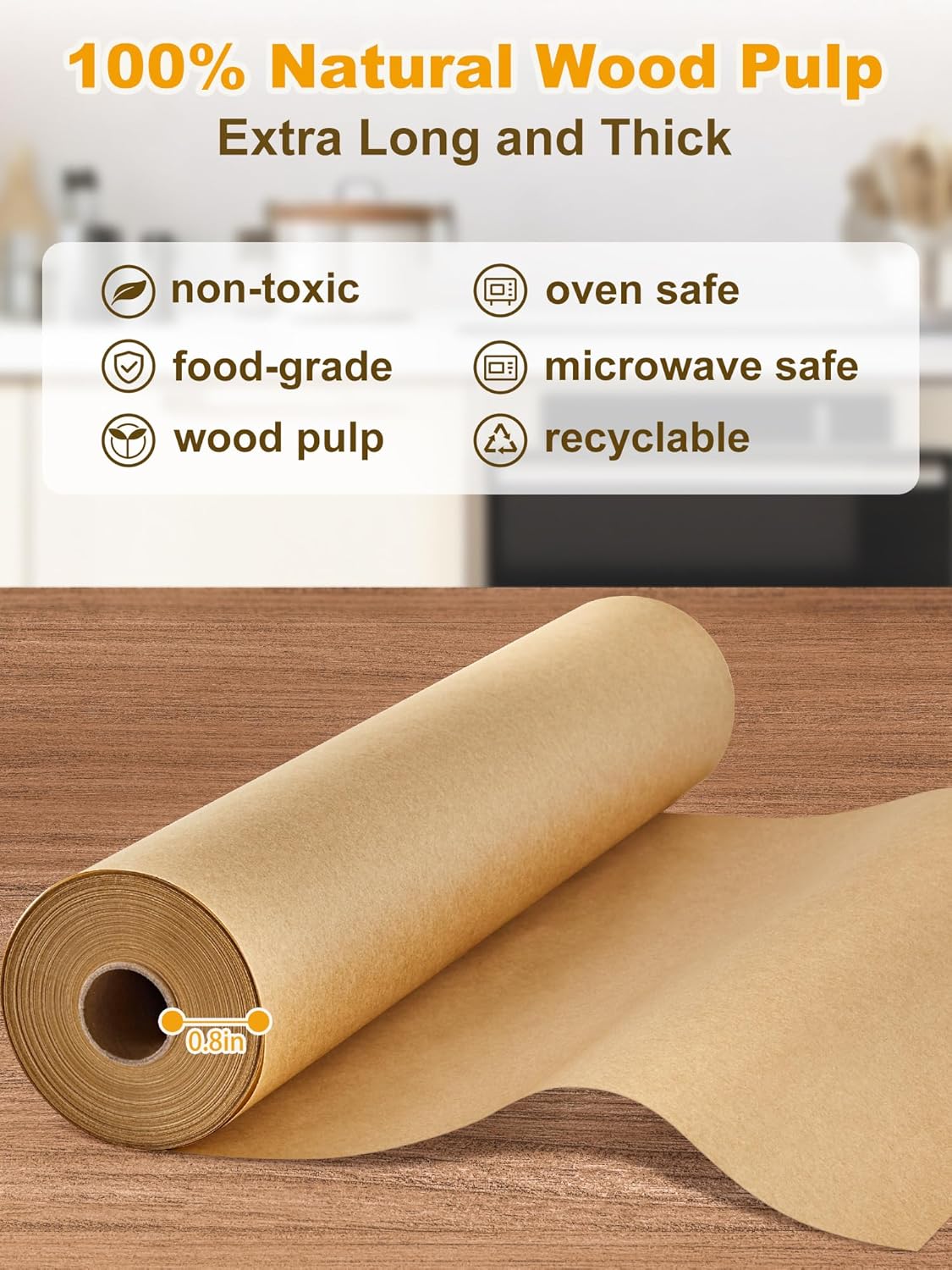 SMARTAKE Parchment Paper Roll - Non-Stick Baking Sheets with Slide Cutter | 15" x 242 ft, Heavy Duty Unbleached
