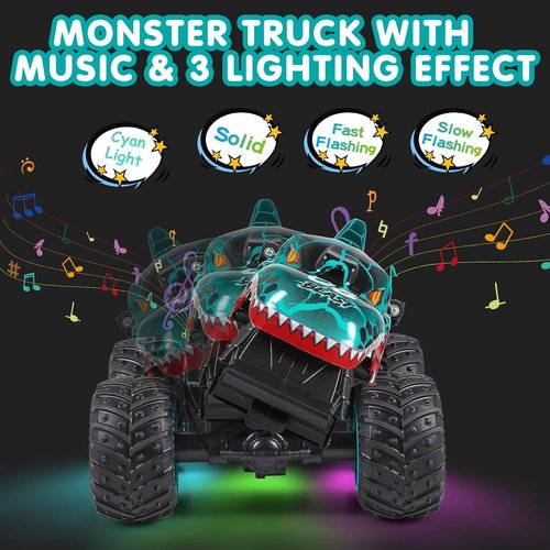 DYODYORC Remote Control Car - 2.4GHz All-Terrain Dinosaur Monster Truck with Music & Lights | Ready to Run, 2 Batteries Included (Cyan)