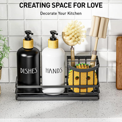 Moforoco Kitchen Dish Soap Dispenser Set - 16oz Glass Bottle with Non-Slip Silicone Pad & Brush Holder