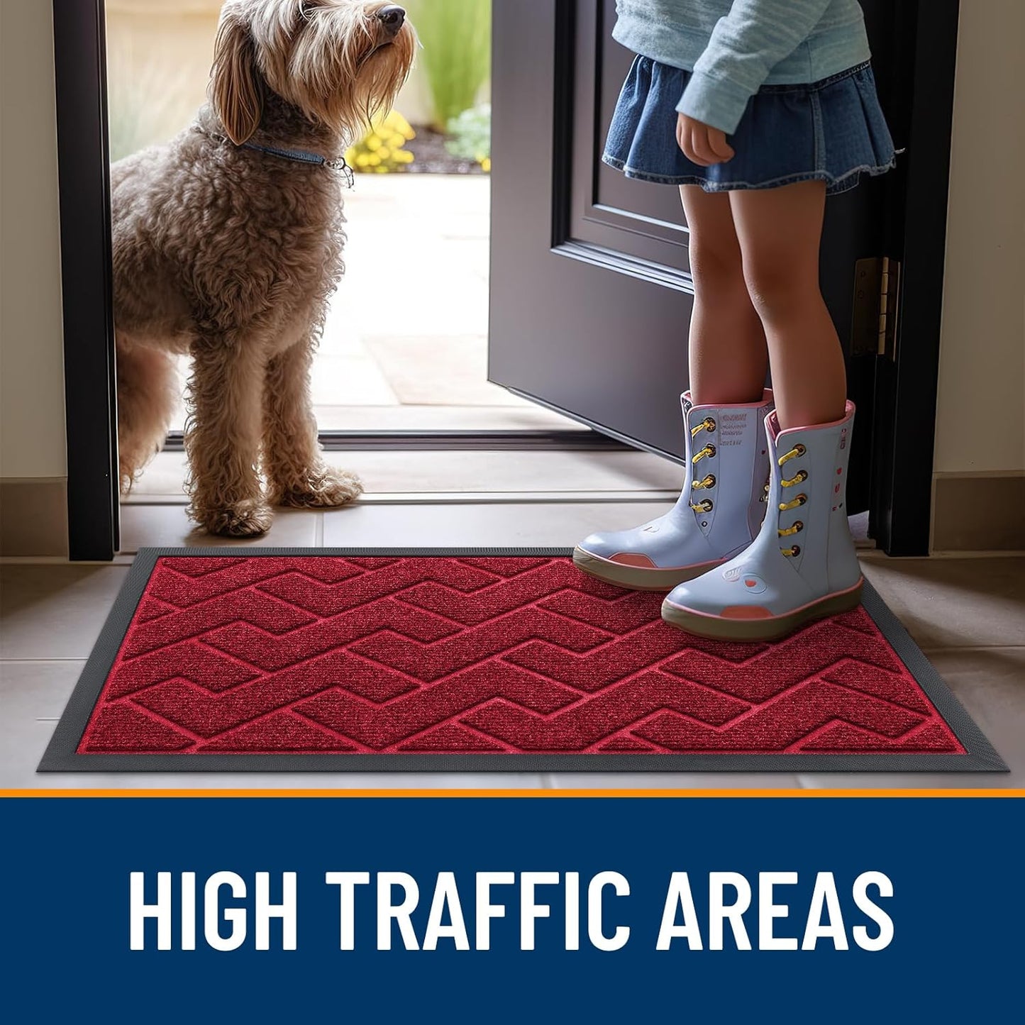 OLANLY Waterproof Front Door Mat - All-Season Indoor/Outdoor Doormat | Sturdy Natural Rubber, Herringbone Brick (Wine Red, 47x32)