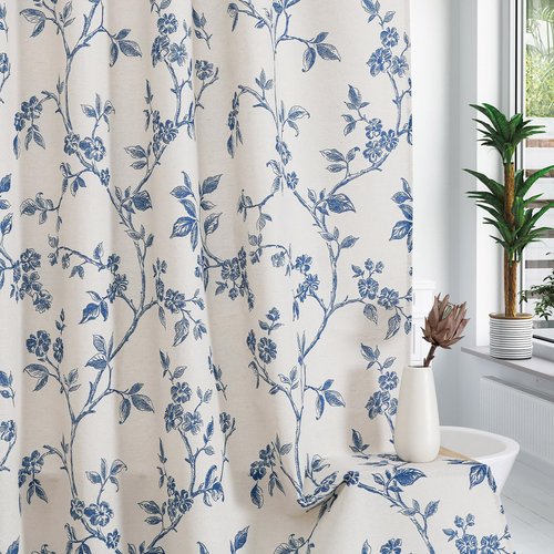 MitoVilla Blue Boho Shower Curtain Set, Cotton Floral Cottagecore Spring Shower Curtains for Bathroom, Modern Farmhouse Country Plant Leaves Bathroom Décor, 72" W x 72" L