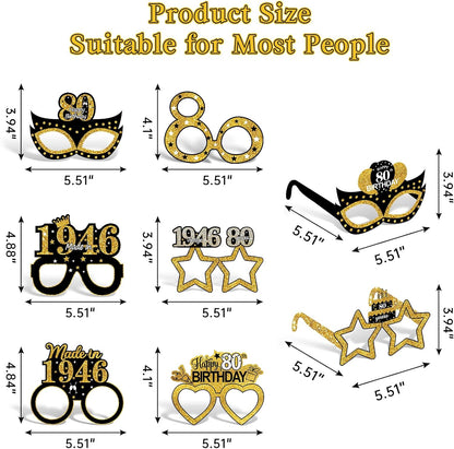 Turypaty 24Pcs 80th Birthday Paper Glasses - Vintage Black Gold Photo Props for Men & Women