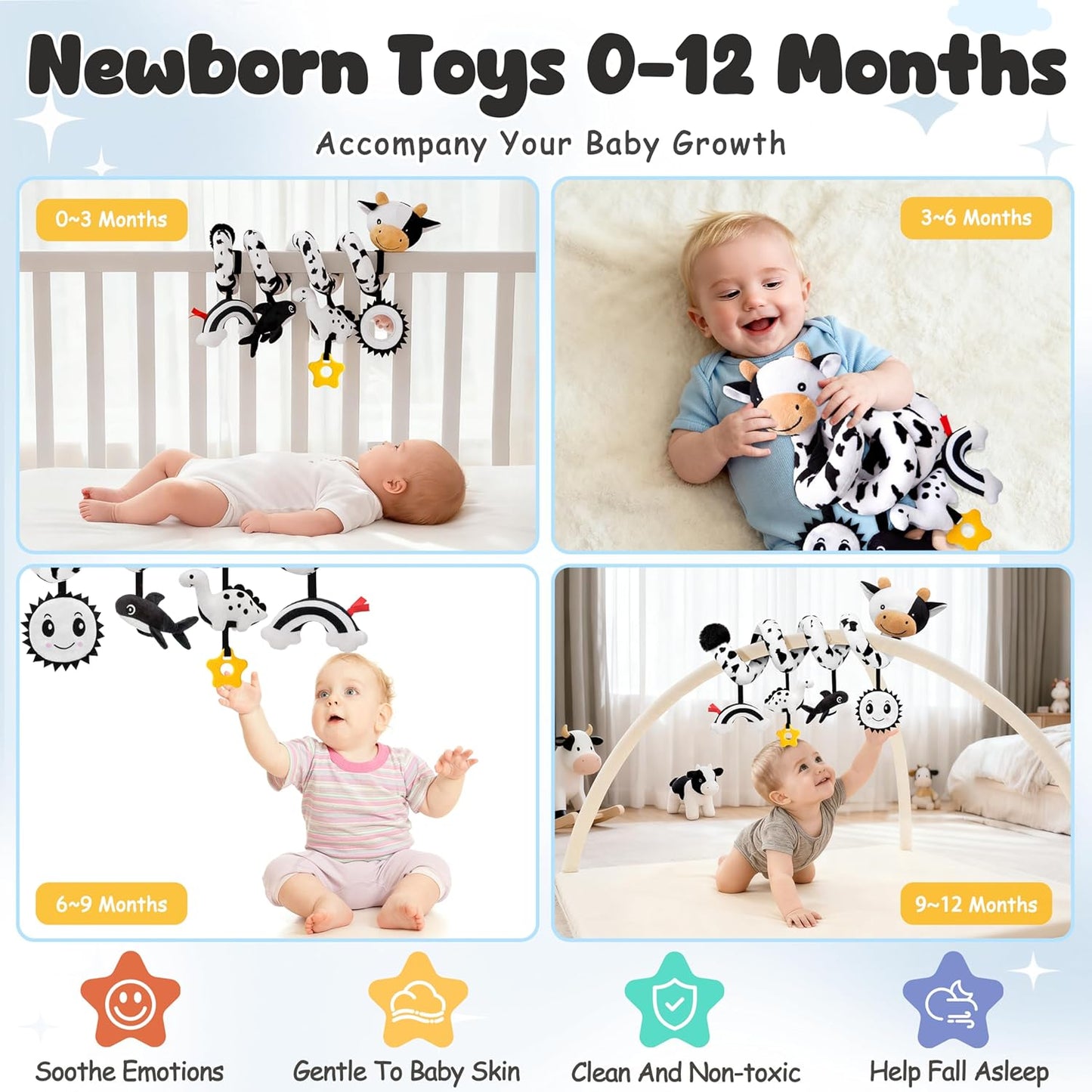 Skiennix Spiral Car Seat Baby Toy - High Contrast Sensory Hanging Stroller Accessory | Black & White Cow for Infants 0-6 Months
