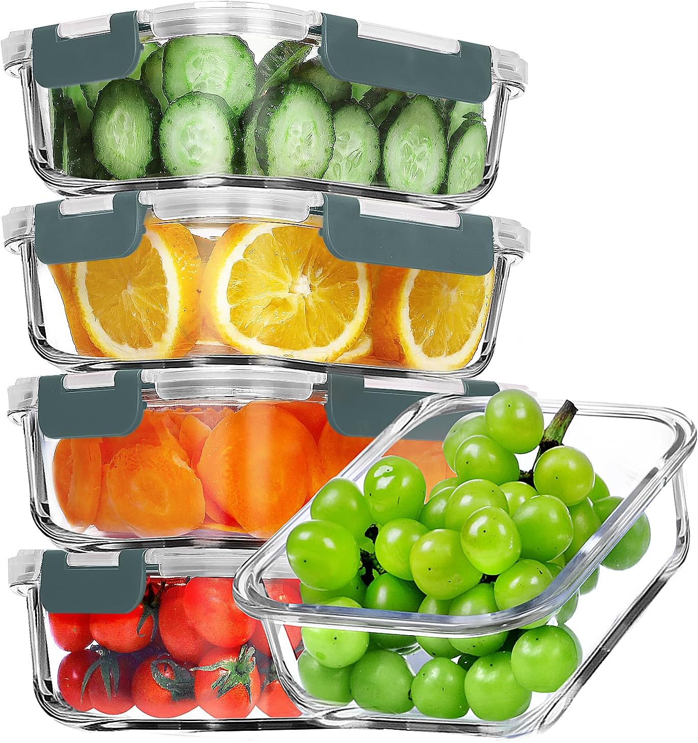 VERONES Glass Meal Prep Containers - 5 Pack Airtight 36 OZ Lunch Storage Set | BPA-Free, Microwave & Oven Safe, Grey