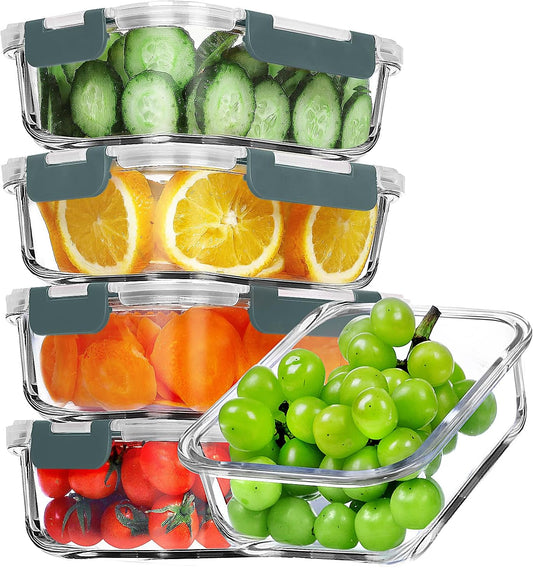 VERONES Glass Meal Prep Containers - 5 Pack Airtight 36 OZ Lunch Storage Set | BPA-Free, Microwave & Oven Safe, Grey