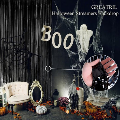 GREATRIL Black Fringe Backdrop - Festive Outdoor Streamers for Holiday Decor | 3.2ft x 8.2ft, 2 Packs