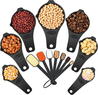 Skiennix Measuring Cups and Spoons Set - 15-Piece Plastic Kitchen Tools with Long Handle Spoons & Leveler - Black