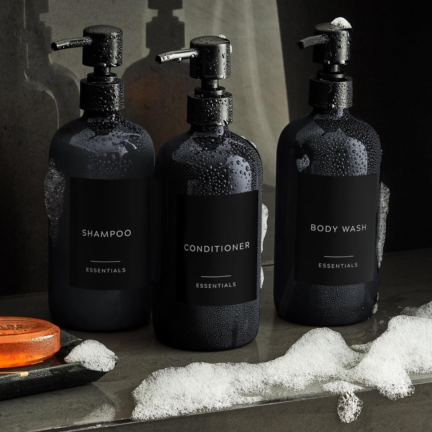 Stylish Shampoo and Conditioner Dispenser Set - Modern 21oz Black Shower Soap Bottles with Pump & Labels