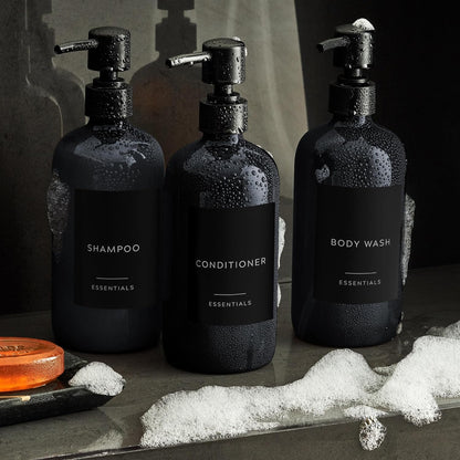 Stylish Shampoo and Conditioner Dispenser Set - Modern 21oz Black Shower Soap Bottles with Pump & Labels