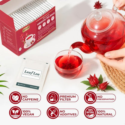 LeafLea 40 Premium Natural Hibiscus Tea Bags, 100% Pure from Hibiscus Flowers, Caffeine-Free Herbal Tea, Hibiscus Flower Tea Rich in Natural Goodness and Flavor, No Sugar, Gluten-Free, Vegan