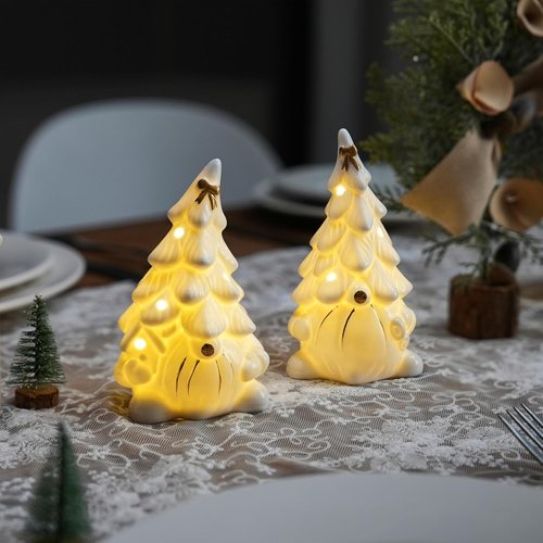 AOMOONOA Ceramic Christmas Tree Gnome - Lighted Tabletop Decoration for Indoor Holiday Decor - White
