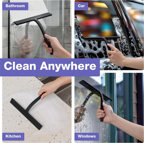 Kincmax Shower Squeegee - Stainless Steel Silicone Tool for Glass Doors & Windows | Medium Black