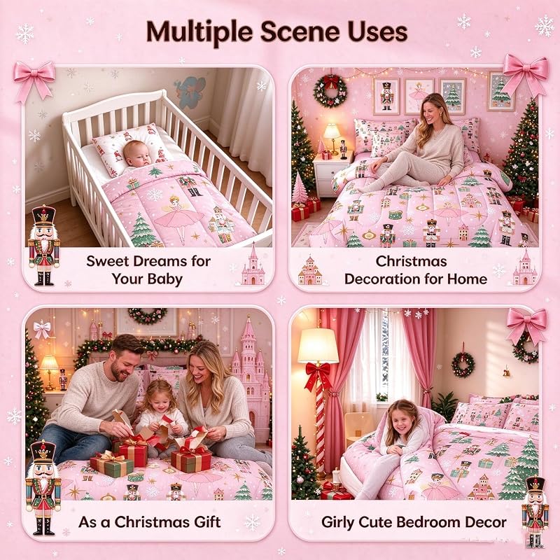 Green & Pink 7-Piece Twin Christmas Comforter Set – Nutcracker Castle Theme Bedding