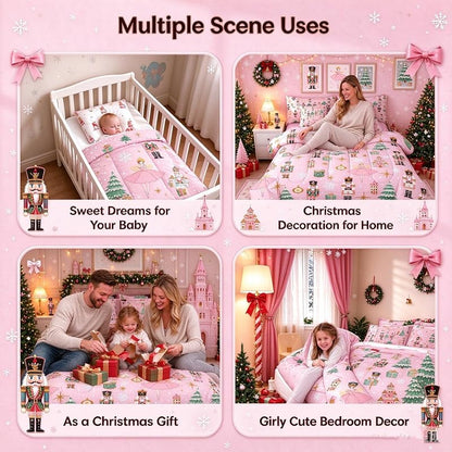 Green & Pink 7-Piece Twin Christmas Comforter Set – Nutcracker Castle Theme Bedding