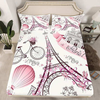 Eiffel Tower Couple Twin Sheet Set Pink Floral Decor Bedding Set Romantic Theme Fitted Sheet Girls Adult Women Couple Flat Sheet Paris Cityscape Printed Stylish Simple Sheet with 1 Pillowcase