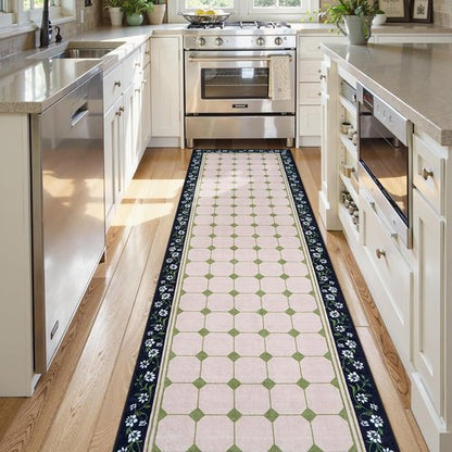 Anidaroel Hallway Runner Rug - Non-Slip, Washable, Low Pile Floral Carpet | Green, 3x10 ft