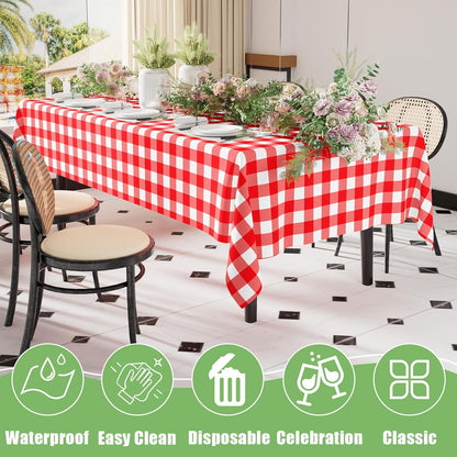 Smiry Disposable Tablecloths - 3 Pack Red Gingham Waterproof Rectangle Covers | 54" x 108" for Parties & Picnics