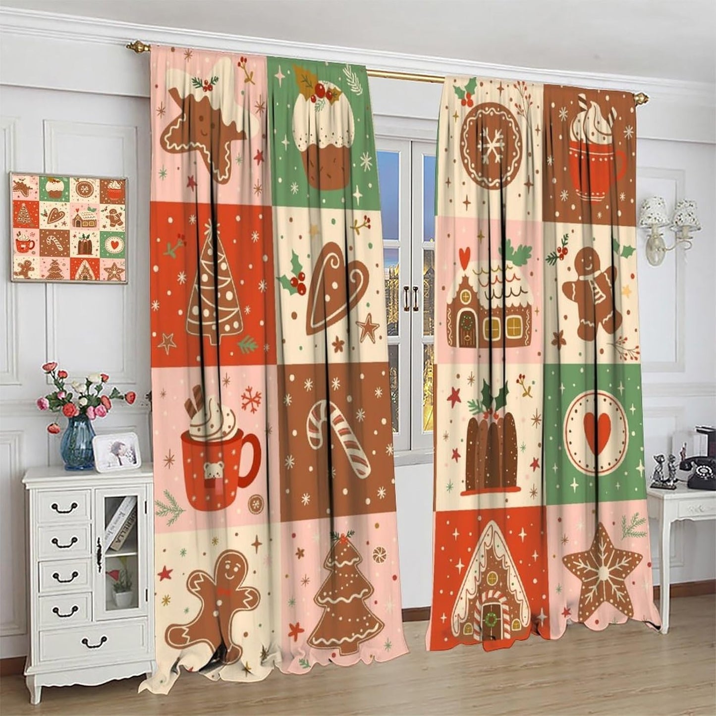 Skiennix Christmas Patchwork Curtains - Hand-Drawn Gingerbread Houses Design | Winter Holiday Drapes (W20xL45 Inch) - Set of 2