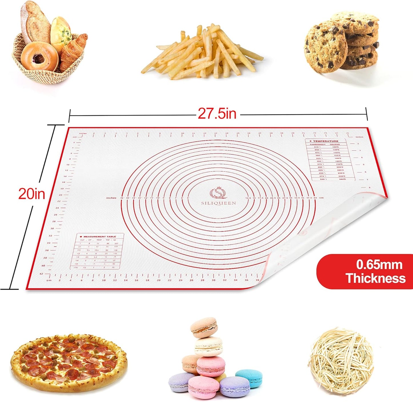 Skiennix Silicone Pastry Baking Mat - Heat Resistant, Non-Stick & BPA Free | 27.5” x 20”, Red with Brush & Scraper