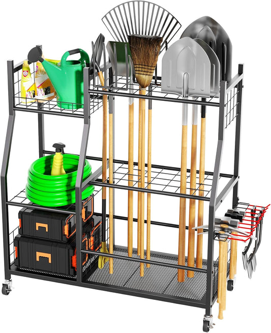 Skiennix Garden Tool Organizer - Freestanding Rolling Cart for Long-Handled Tools | Durable Yard Storage Rack