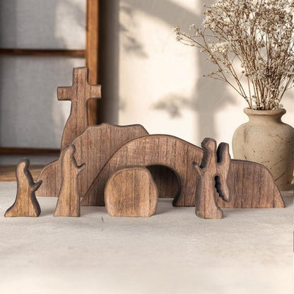 NEROSUN Empty Tomb Easter Scene and Cross Decoration, Wooden Easter Resurrection Scene Cross Jesus Tomb Tray Set, Jesus Nativity Scene Decor for Religious Home Office Tabletop Christian Gifts
