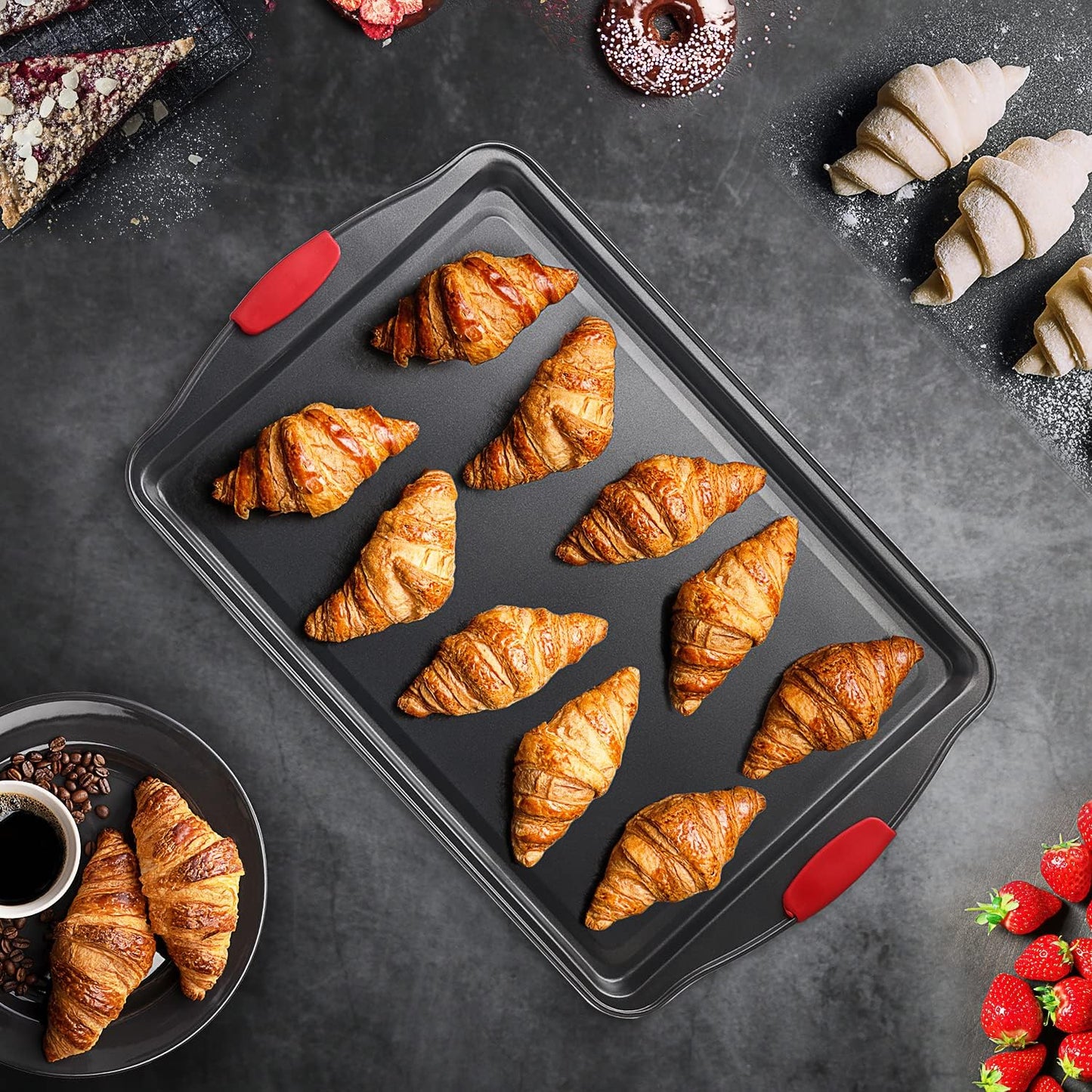 Skiennix Baking Sheet Set - 2-Piece Nonstick Cookie Sheets with Silicone Handles | Durable Steel, BPA Free, Black
