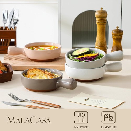 MALACASA 23 Oz French Onion Soup Bowls - Ceramic Crocks with Handles, Set of 4, Multicolor | Oven & Microwave Safe