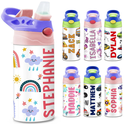 Personalized Kids Water Bottle | 12 Oz Double Wall Insulated Stainless Steel Tumbler | Custom Name Leak-Proof Cup with Straw | Back to School Gift for Toddlers, Children, Boys, Girls | Rainbow