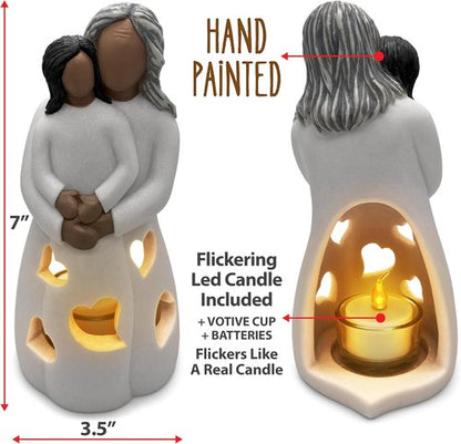 Grandma-Granddaughter Hand-Painted Candle Holder Statue - Flickering LED Candle | Unique Gift for Nana & Gigi (Dark)