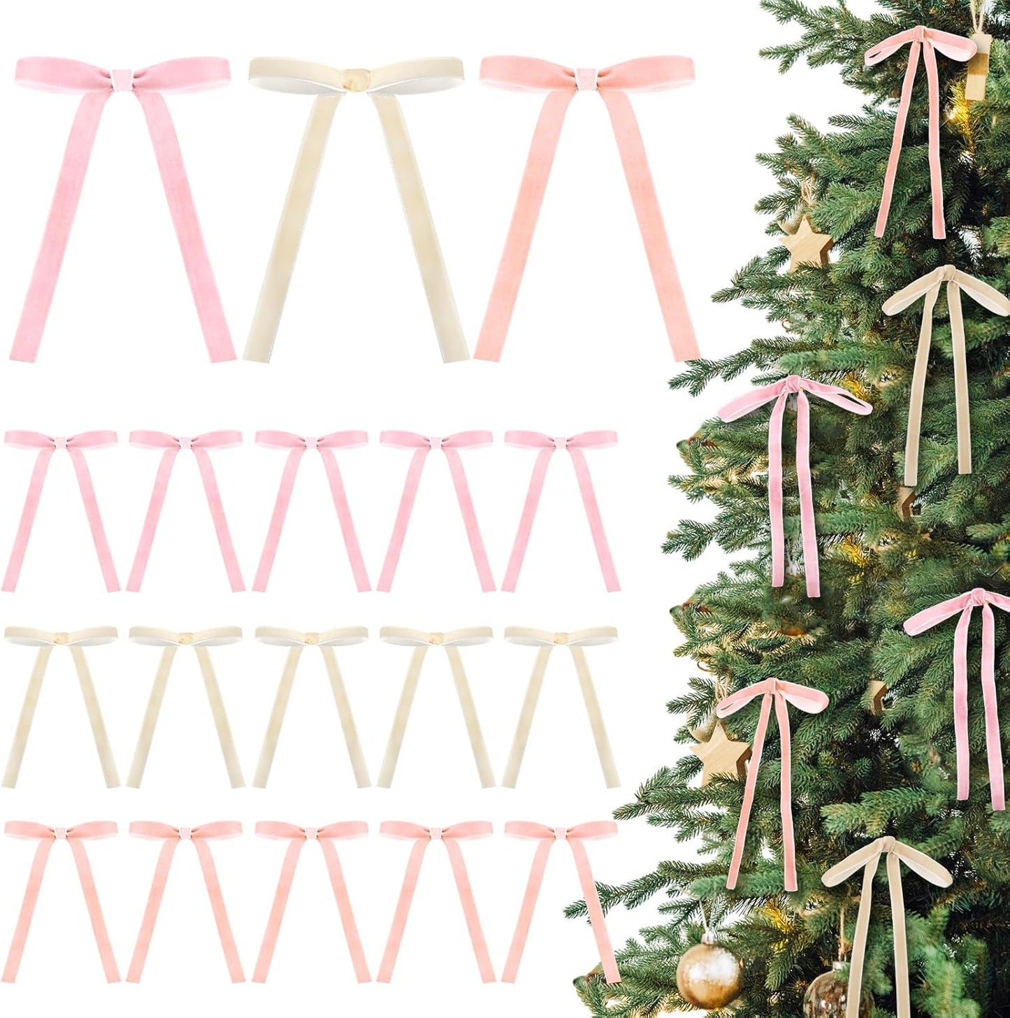 Skiennix 24 Pcs Velvet Bows - Vintage Ribbon Bows for Christmas Tree & Crafts | 5 x 7 Inch, Beige, Light Pink, Dusty Pink