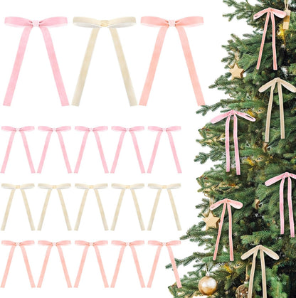 Skiennix 24 Pcs Velvet Bows - Vintage Ribbon Bows for Christmas Tree & Crafts | 5 x 7 Inch, Beige, Light Pink, Dusty Pink