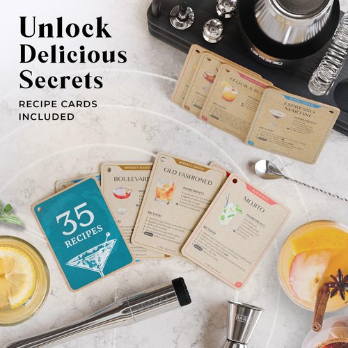 BARE BARREL® Mixology Bartender Kit Bar Set | 14-Piece Cocktail Shaker Set | Martini Barware Mixing Tools for Home Bartending | 35 Recipe Cards | Gift Set (28oz Boston Shaker, Silver/Black)