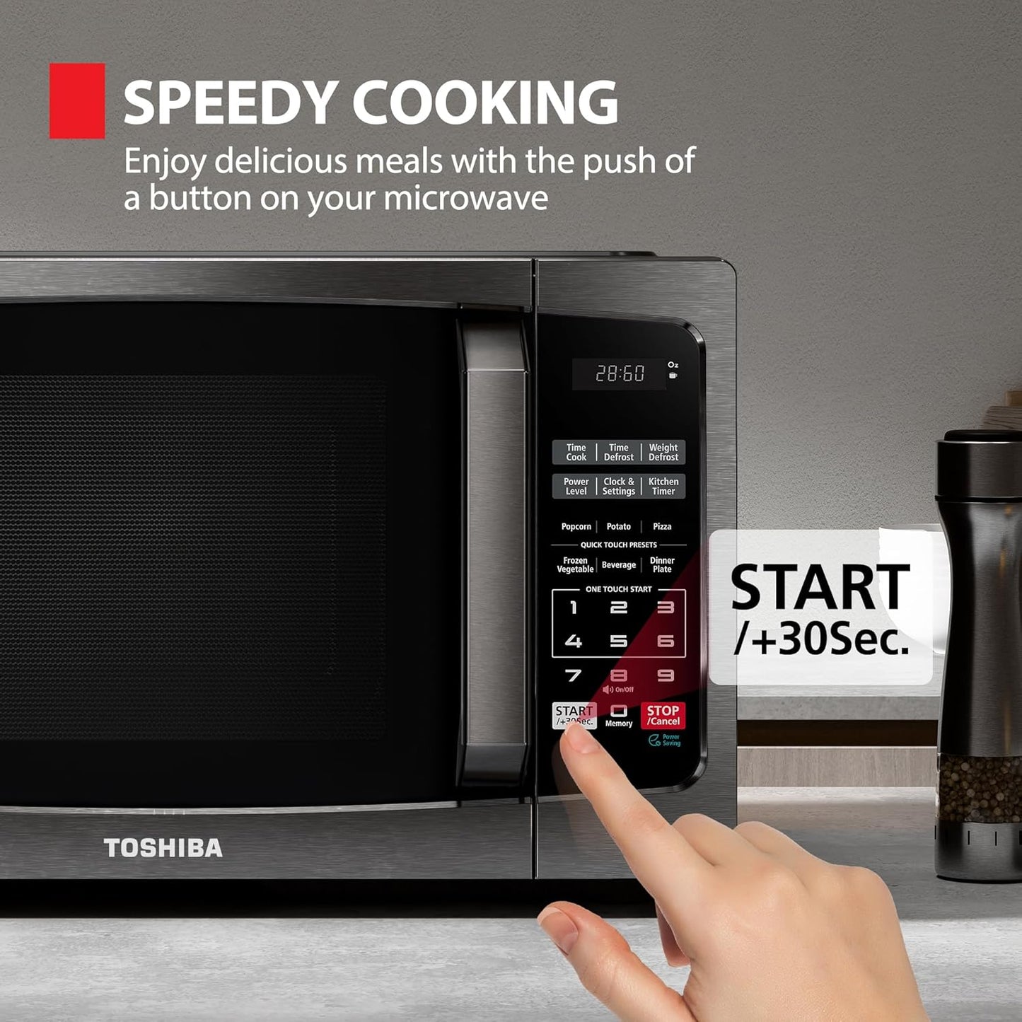 TOSHIBA Microwave Oven - 0.9 Cu Ft Countertop with 6 Auto Menus & Mute Function | Black Stainless Steel