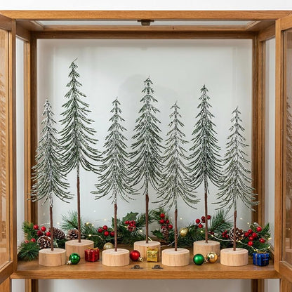 9 Pcs Mini Alpine Christmas Trees Set - Green & White Snow Decor, 12.5in, 12in, 10.5in Variation Green+1in