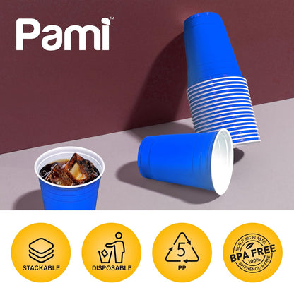 PAMI 16oz Blue Plastic Party Cups - Pack of 30 Disposable Drinking Glasses for Iced Tea, Beer & Cocktails
