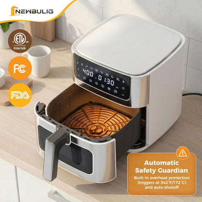 NEWBULIG Air Fryer - 6.34QT with Visible Window & Fast Heating - 8-in-1 Cooking Presets, Stainless Steel, White