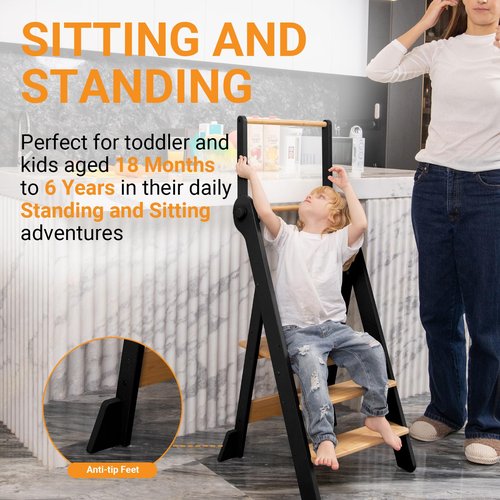 COSYLAND Foldable Toddler Standing Tower - Adjustable Height Folding Step Stool Kid Toddler Kitchen Stool for Learning and Cooking - Ages 18 Months to 6 Years with Safety Net Natural & Charcoal